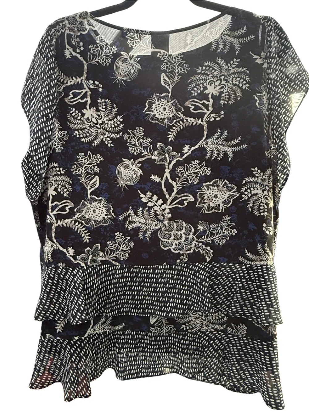 Cabi XL Navy Floral Ruffle Blouse Sheer Layered Top Boho - Picture 4 of 7